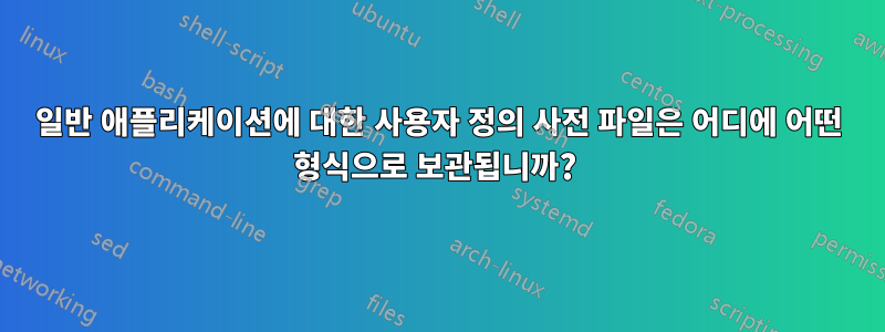 일반 애플리케이션에 대한 사용자 정의 사전 파일은 어디에 어떤 형식으로 보관됩니까? 