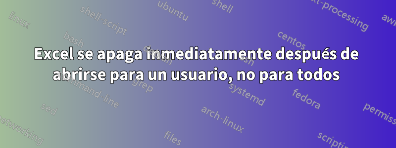 Excel se apaga inmediatamente después de abrirse para un usuario, no para todos