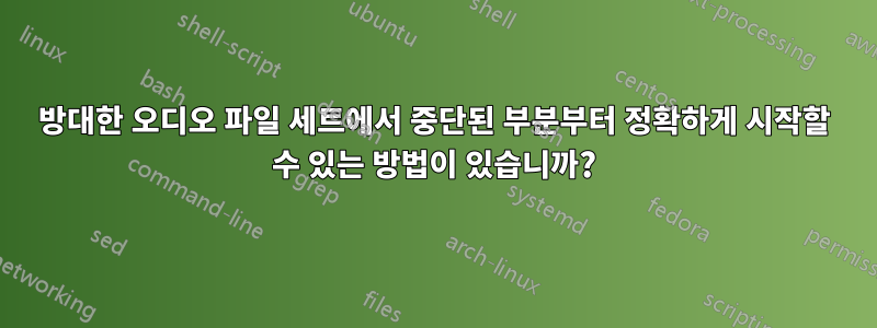 방대한 오디오 파일 세트에서 중단된 부분부터 정확하게 시작할 수 있는 방법이 있습니까?