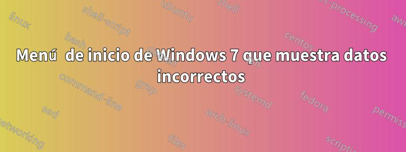 Menú de inicio de Windows 7 que muestra datos incorrectos