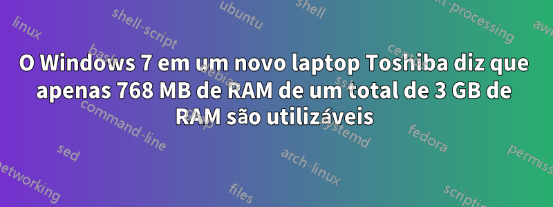 O Windows 7 em um novo laptop Toshiba diz que apenas 768 MB de RAM de um total de 3 GB de RAM são utilizáveis