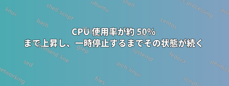 CPU 使用率が約 50% まで上昇し、一時停止するまでその状態が続く