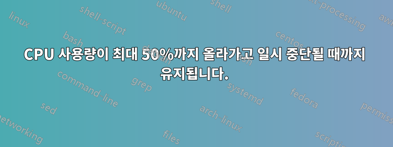 CPU 사용량이 최대 50%까지 올라가고 일시 중단될 때까지 유지됩니다.