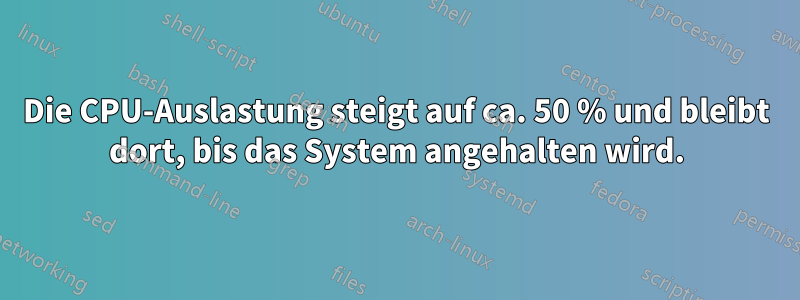 Die CPU-Auslastung steigt auf ca. 50 % und bleibt dort, bis das System angehalten wird.
