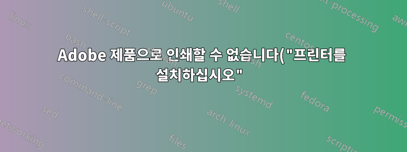 Adobe 제품으로 인쇄할 수 없습니다("프린터를 설치하십시오"). Word와 메모장에서는 잘 작동합니다.