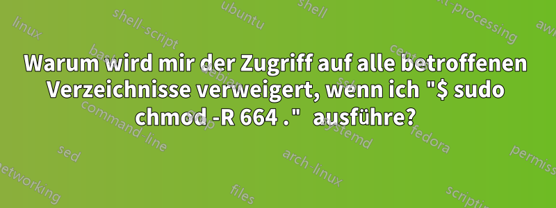 Warum wird mir der Zugriff auf alle betroffenen Verzeichnisse verweigert, wenn ich "$ sudo chmod -R 664 ." ausführe?