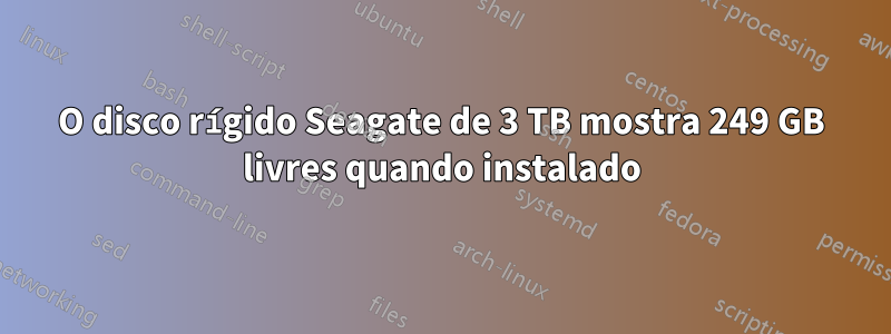 O disco rígido Seagate de 3 TB mostra 249 GB livres quando instalado