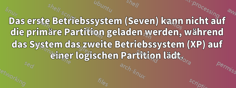 Das erste Betriebssystem (Seven) kann nicht auf die primäre Partition geladen werden, während das System das zweite Betriebssystem (XP) auf einer logischen Partition lädt.