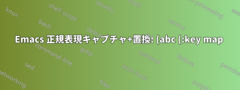 Emacs 正規表現キャプチャ+置換: (abc (:key map)) -> (abc (-> map :key str))
