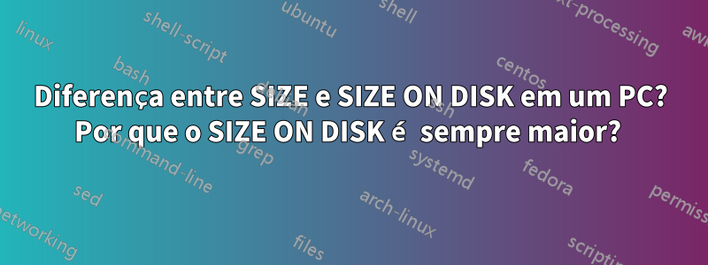 Diferença entre SIZE e SIZE ON DISK em um PC? Por que o SIZE ON DISK é sempre maior? 