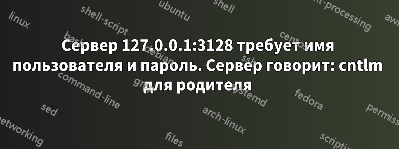 Сервер 127.0.0.1:3128 требует имя пользователя и пароль. Сервер говорит: cntlm для родителя