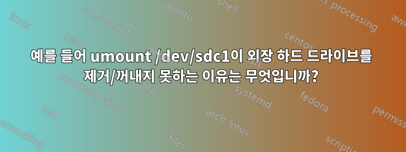 예를 들어 umount /dev/sdc1이 외장 하드 드라이브를 제거/꺼내지 못하는 이유는 무엇입니까?