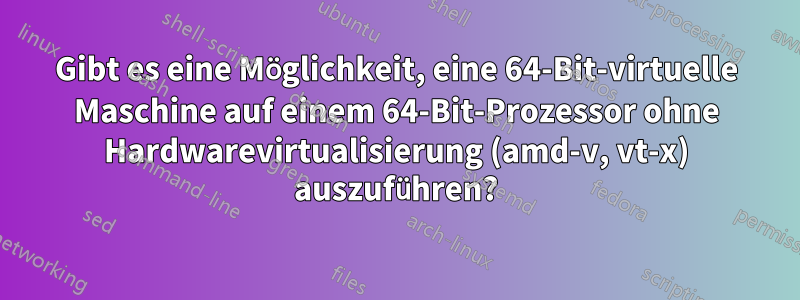 Gibt es eine Möglichkeit, eine 64-Bit-virtuelle Maschine auf einem 64-Bit-Prozessor ohne Hardwarevirtualisierung (amd-v, vt-x) auszuführen?