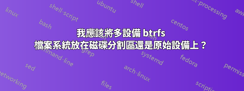 我應該將多設備 btrfs 檔案系統放在磁碟分割區還是原始設備上？