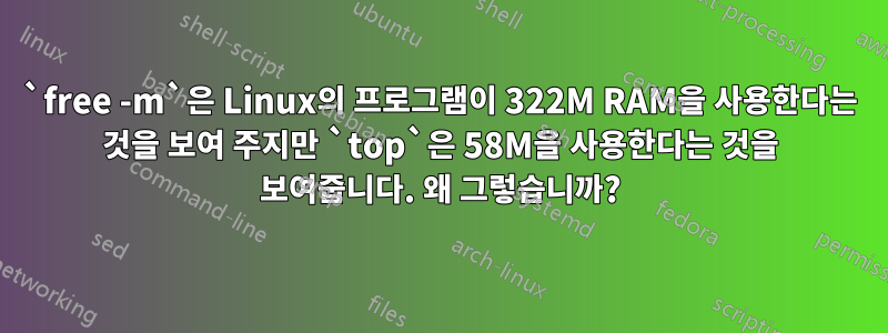 `free -m`은 Linux의 프로그램이 322M RAM을 사용한다는 것을 보여 주지만 `top`은 58M을 사용한다는 것을 보여줍니다. 왜 그렇습니까?