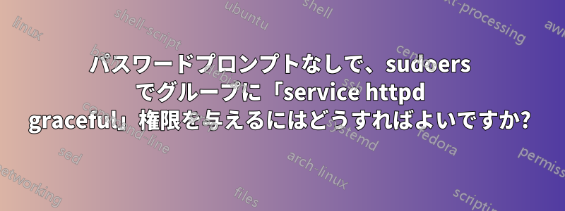 パスワードプロンプトなしで、sudoers でグループに「service httpd graceful」権限を与えるにはどうすればよいですか?
