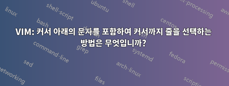 VIM: 커서 아래의 문자를 포함하여 커서까지 줄을 선택하는 방법은 무엇입니까?