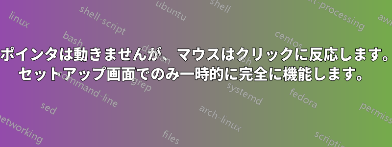 マウスポインタは動きませんが、マウスはクリックに反応します。BIOS セットアップ画面でのみ一時的に完全に機能します。