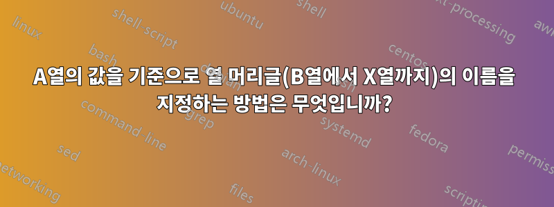 A열의 값을 기준으로 열 머리글(B열에서 X열까지)의 이름을 지정하는 방법은 무엇입니까?