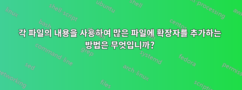각 파일의 내용을 사용하여 많은 파일에 확장자를 추가하는 방법은 무엇입니까?