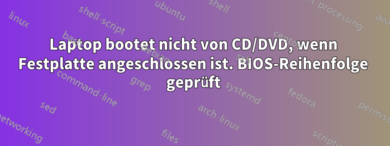 Laptop bootet nicht von CD/DVD, wenn Festplatte angeschlossen ist. BIOS-Reihenfolge geprüft