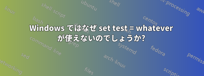 Windows ではなぜ set test = whatever が使えないのでしょうか?