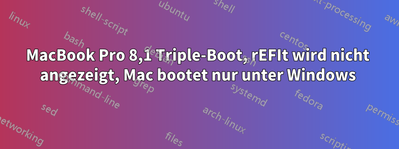 MacBook Pro 8,1 Triple-Boot, rEFIt wird nicht angezeigt, Mac bootet nur unter Windows