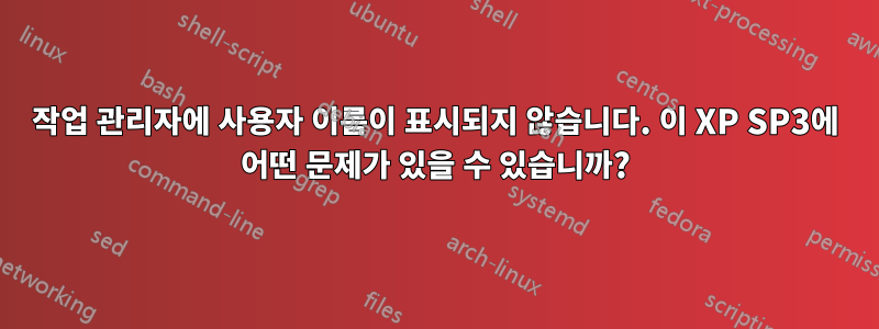 작업 관리자에 사용자 이름이 표시되지 않습니다. 이 XP SP3에 어떤 문제가 있을 수 있습니까?