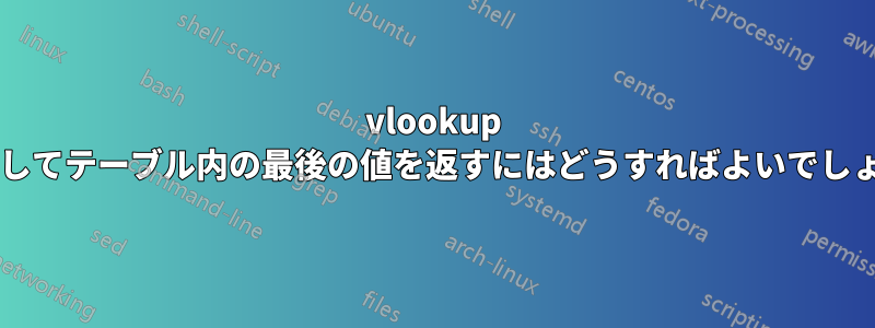 vlookup を使用してテーブル内の最後の値を返すにはどうすればよいでしょうか?