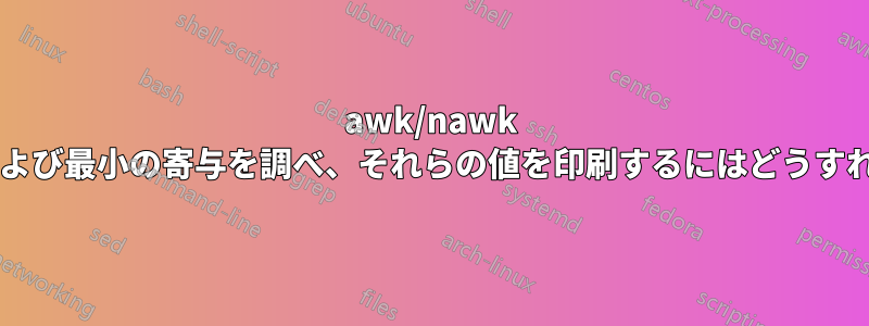 awk/nawk を使用して、最大および最小の寄与を調べ、それらの値を印刷するにはどうすればよいでしょうか?