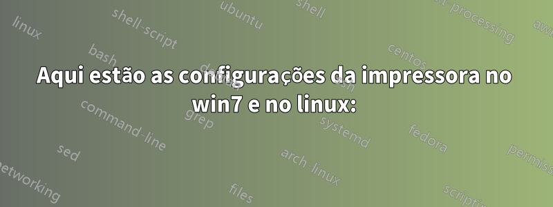 Aqui estão as configurações da impressora no win7 e no linux: