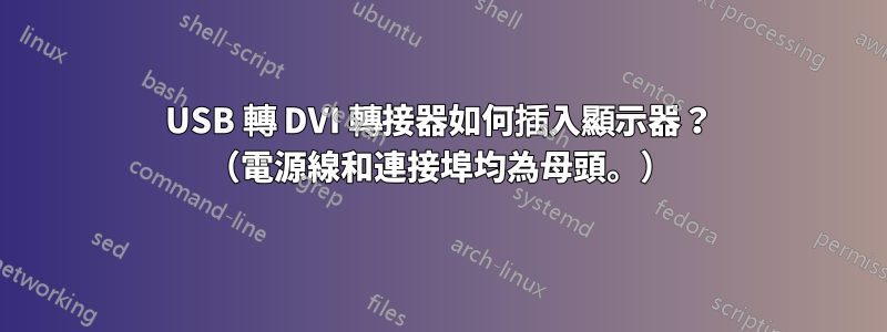 USB 轉 DVI 轉接器如何插入顯示器？ （電源線和連接埠均為母頭。）