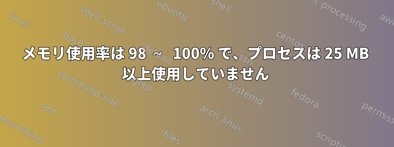 メモリ使用率は 98 ～ 100% で、プロセスは 25 MB 以上使用していません