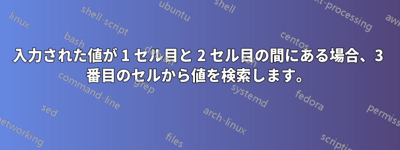 入力された値が 1 セル目と 2 セル目の間にある場合、3 番目のセルから値を検索します。