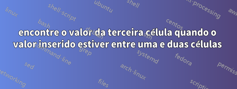 encontre o valor da terceira célula quando o valor inserido estiver entre uma e duas células