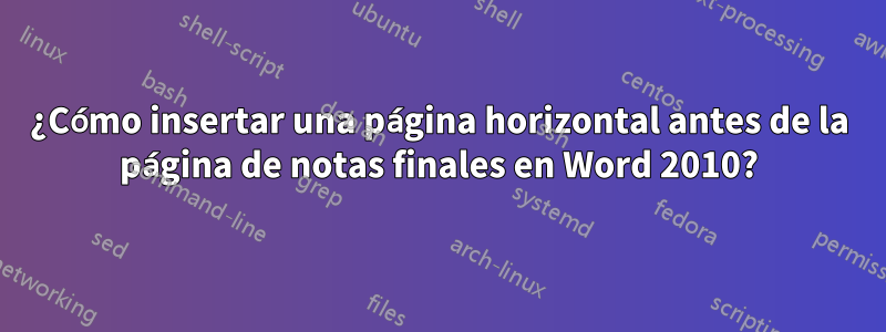¿Cómo insertar una página horizontal antes de la página de notas finales en Word 2010?