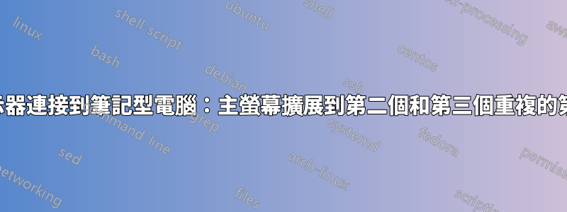 3 個顯示器連接到筆記型電腦：主螢幕擴展到第二個和第三個重複的第二個