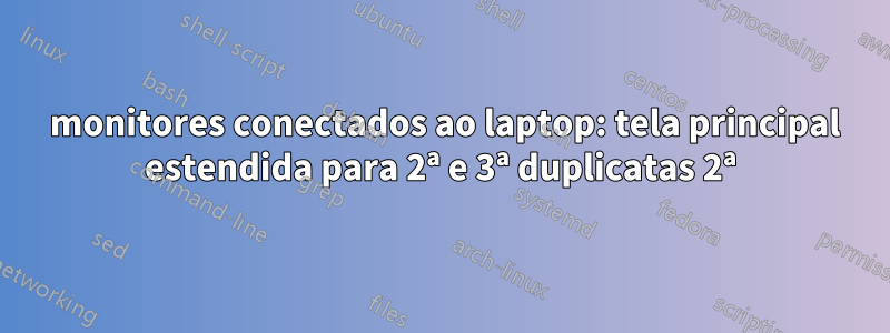 3 monitores conectados ao laptop: tela principal estendida para 2ª e 3ª duplicatas 2ª