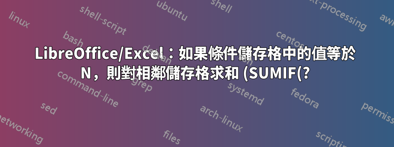 LibreOffice/Excel:如果條件儲存格中的值等於 N,則對相鄰儲存格求和 (SUMIF(?))