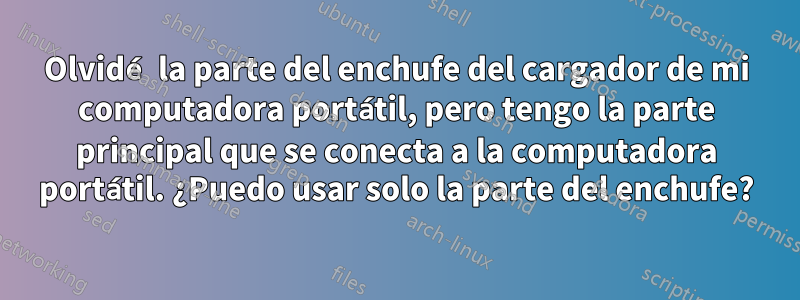 Olvidé la parte del enchufe del cargador de mi computadora portátil, pero tengo la parte principal que se conecta a la computadora portátil. ¿Puedo usar solo la parte del enchufe?