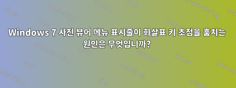 Windows 7 사진 뷰어 메뉴 표시줄이 화살표 키 초점을 훔치는 원인은 무엇입니까?