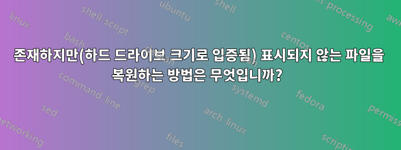 존재하지만(하드 드라이브 크기로 입증됨) 표시되지 않는 파일을 복원하는 방법은 무엇입니까? 