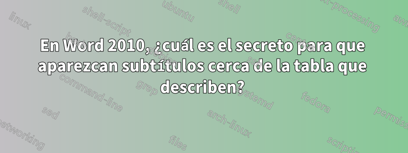 En Word 2010, ¿cuál es el secreto para que aparezcan subtítulos cerca de la tabla que describen?