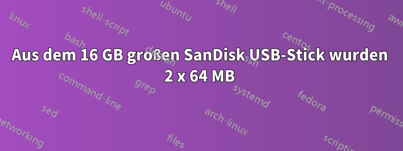 Aus dem 16 GB großen SanDisk USB-Stick wurden 2 x 64 MB