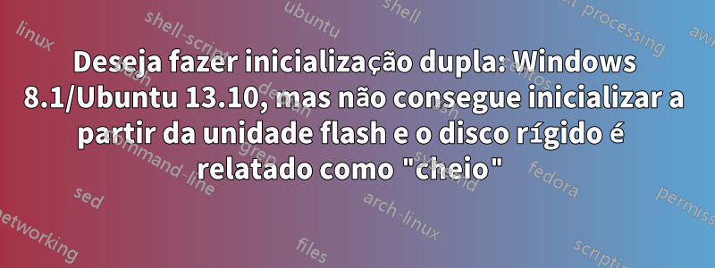 Deseja fazer inicialização dupla: Windows 8.1/Ubuntu 13.10, mas não consegue inicializar a partir da unidade flash e o disco rígido é relatado como "cheio"