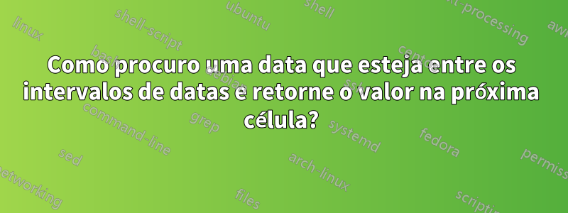Como procuro uma data que esteja entre os intervalos de datas e retorne o valor na próxima célula?