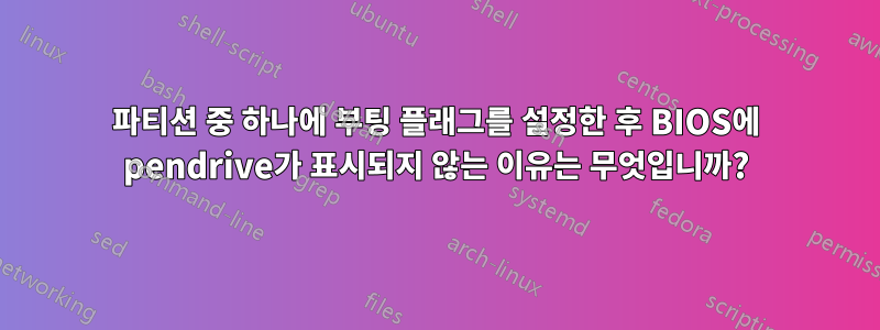 파티션 중 하나에 부팅 플래그를 설정한 후 BIOS에 pendrive가 표시되지 않는 이유는 무엇입니까?