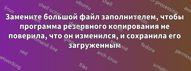 Замените большой файл заполнителем, чтобы программа резервного копирования не поверила, что он изменился, и сохранила его загруженным