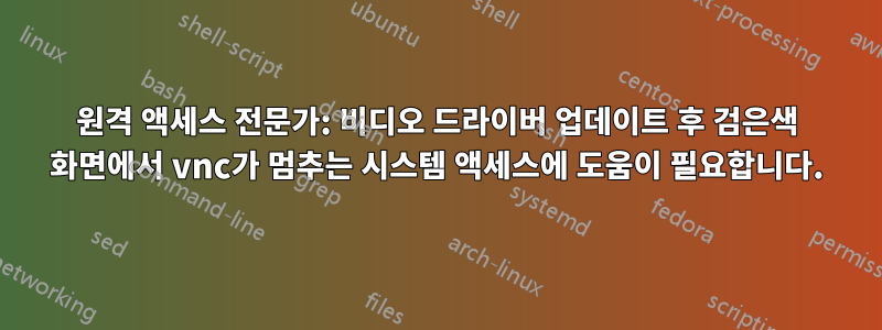 원격 액세스 전문가: 비디오 드라이버 업데이트 후 검은색 화면에서 vnc가 멈추는 시스템 액세스에 도움이 필요합니다.