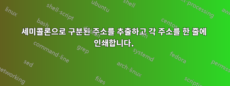 세미콜론으로 구분된 주소를 추출하고 각 주소를 한 줄에 인쇄합니다.